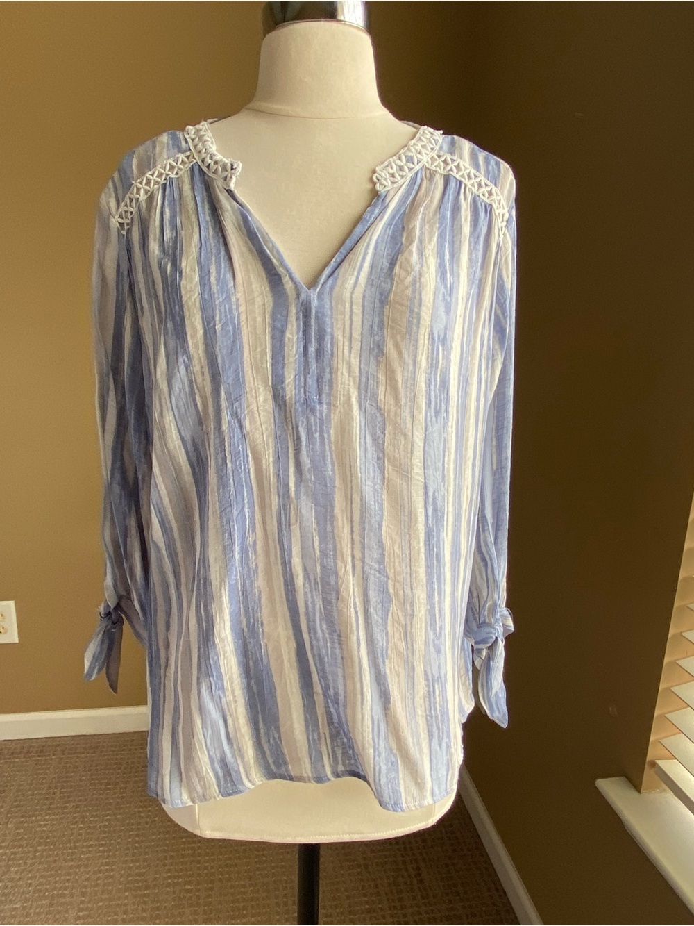 Palm Rio Blue White Striped Crochet-Trim Blouse PL Coastal Beach Vacation Travel